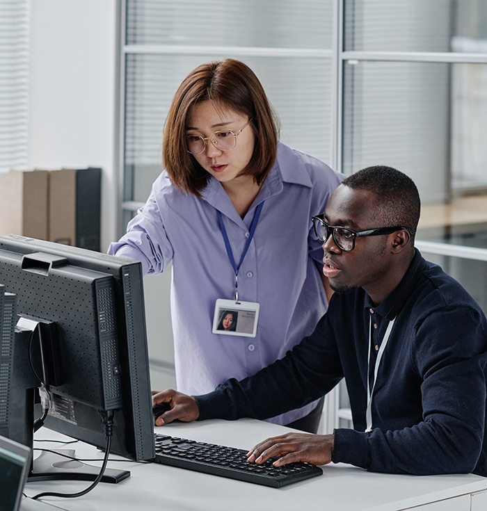 Two professionals meet to discuss work on a computer screen.